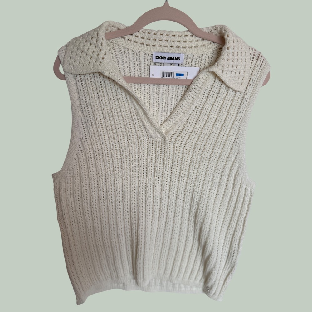 DKNY Jeans Womens XL Ivy White Pointelle Knit V-Neck Sweater Vest DJSR0925